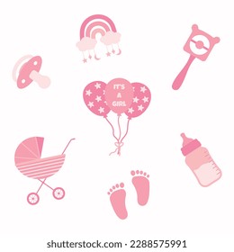 Baby shower design elements. It's a girl. Toys and newborn items.