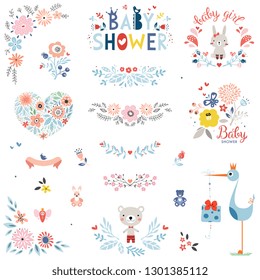 Baby Shower design elements and items. Vector set.