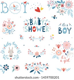Baby Shower design elements and items. Vector set.