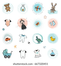 Baby shower design elements set. Vector illustration.