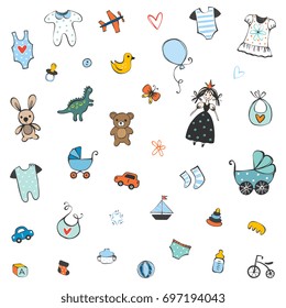 Baby shower design elements set. Good for children's cloths, patterns, package, books, posters, prints, greeting cards and invitations. Vector illustration.