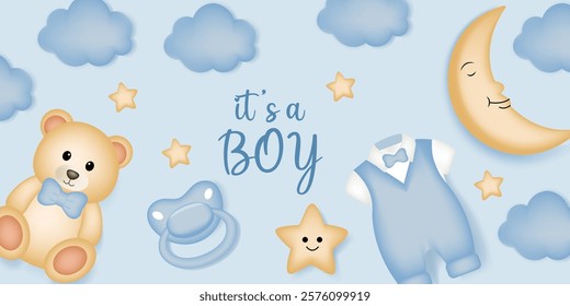 Baby shower design with moon, star, teddy bear, pacifier and dress on blue background. It's a boy design.