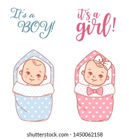 Baby shower design. Newborn baby girl and boy on swaddle, blanket. It is a boy. It is a girl. Cute little baby boy and girl in envelope, smiling. Design of shower card. Vector illustration.