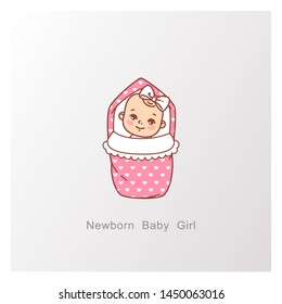 Baby shower design. Newborn baby girl  in swaddle, blanket. It is a boy. It is a girl template.  Pink envelope logo design. Newborn child smiling. Design of shower card. Vector illustration.