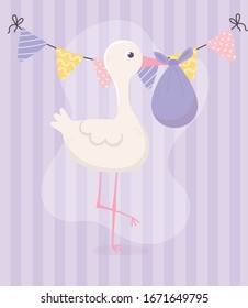 baby shower design, stork with purple diaper and pennants and striped  background decoration, vector illustration