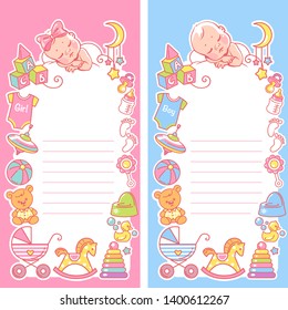 Baby shower design template. Vector frame with sleeping newborn baby and toys and objects. Blank text frame. Vertical baby shower cards for boy and girl. It's a boy& It'sa girl. Color vector.