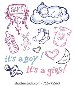 baby shower design vector illustration, hand drawn baby set.