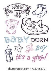 baby shower design vector illustration, hand drawn baby set.