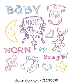 baby shower design vector illustration, hand drawn baby set.