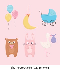 baby shower designs.  Pink rabbit, teddy bear, pram, stork, balloons and moon icons vector illustration