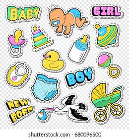 Baby Shower Doodle With Boy, Girl And Toys. Family Party Decoration Stickers. Vector Illustration