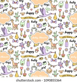 Baby Shower doodle and lettering hand drawn seamless pattern. Cartoon wallpaper of baby girl and boy toy, objects and birthday elements. Vector illustration for fashion textile prints, greeting cards.
