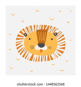 Baby shower doodle lion cute poster for kids. Card, postcard, print, picture with african animal for children