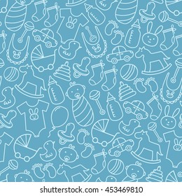 Baby shower doodle seamless pattern. Blue background for boys. Cute icons texture great for fabric/textile design, kid clothes, birthday greetings, party invitations and wrapping. Vector illustration
