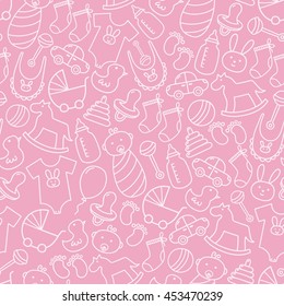 Baby Dusche Doodle nahtlos Muster. rosafarbener Hintergrund für Mädchen. Cute Icons Textur ideal für Stoff-/Textil-Design, Kinderbekleidung, Geburtstagsgrüße, Partyeinladungen und Verpackung. Vektorgrafik