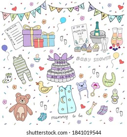 Baby shower doodle vector illustration with gifts and toys. Perfect for party invitation, card.