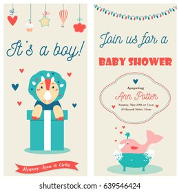 Baby shower double invitation card with a cute dinosaur and whale. It is a boy