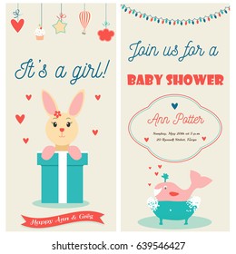 Baby shower double invitation card with cute bunny and happy whale