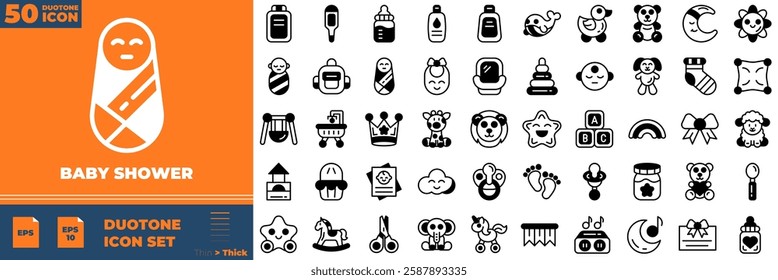 Baby Shower Duotone Editable Icons set. Vector illustration in modern thin duotone style of baby shower icons: baby, toy, bottle, etc