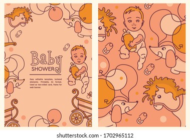Baby shower editable template with copy space, isolated elements- toys and newborn baby. Printable, Used as two-sided card, frame for web banner.