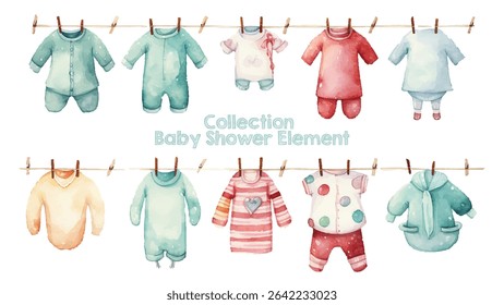 Baby shower element collection, toddler clothes watercolor hand drawn