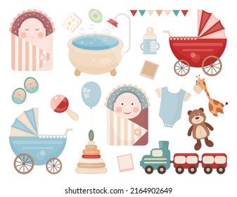 Baby Shower Elements Cartoon set. Clipart isolated on white background for birthday, kids party, greeting cards design. Vector illustration.