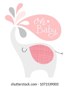 Baby shower elephant in pink and gray. Oh Baby lettering. Cute party invitation card design or nursery poster art. Baby girl.