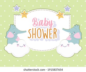 Baby shower elephants clouds greeting card vector illustration