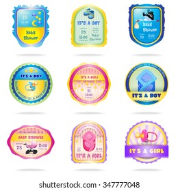 Baby shower emblems set with newborn girl and boy announcements