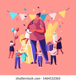 Baby Shower Event, Tiny Characters Stand on Ladders around Huge Pregnant Woman in Decorated Festive Room Giving Presents, Happy People Celebration Soon Baby Birthday, Cartoon Flat Vector Illustration