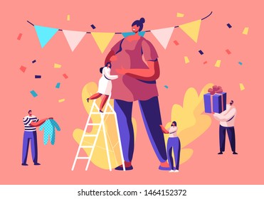 Baby Shower Event, Tiny Characters Stand on Ladders around Huge Pregnant Woman in Decorated Festive Room Giving Presents, Happy People Celebration Soon Baby Birthday, Cartoon Flat Vector Illustration