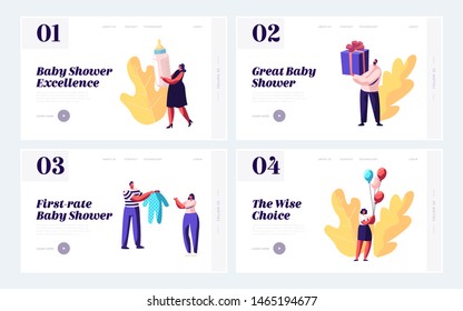 Baby Shower Event Website Landing Page Set, Characters Celebrate Soon Baby Birthday with Gifts, Presents for Pregnant Woman, Happy People Celebration Web Page. Cartoon Flat Vector Illustration, Banner