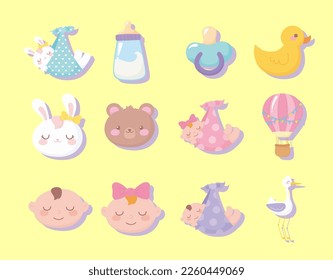 baby shower, faces boy girl bear bunny duck stork pacifier welcome newborn celebration icons Free Vector