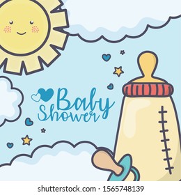 baby shower feeding bottle pacifier clouds sun stars vector illustration