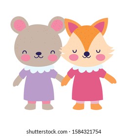 baby shower female bear and fox with dress holding hands vector illustration