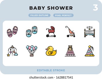 Baby Shower Filled Icons Pack for UI. Editable Stroke. Pixel perfect thin line vector icon set for web design and website application.
