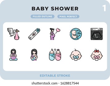 Baby Shower Filled Icons Pack for UI. Editable Stroke. Pixel perfect thin line vector icon set for web design and website application.
