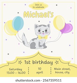 Baby shower, first birthday, yellow invitation, birthday invitation with cat, invitation with cat, invitation with yellow background, cat with bow, banner with balloons