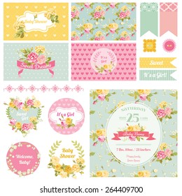 Baby Shower Flower Theme - Scrapbook Design Elements, Backgrounds - in vector 