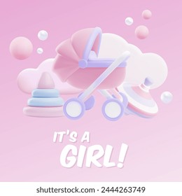 Baby shower flyer with an image of a baby stroller, a top and a pyramid on a pink background. Ideal for greeting cards and invitations, with space for text. 3D vector illustration.