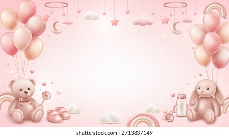 Baby Shower Frame Background with Copy Space and Cute Teddy Bear