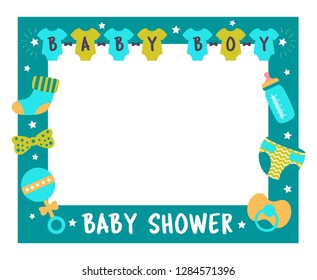Baby shower frame for boy. Photo booth props for birthday party. Nursery blue template design with bottle, sock, nipple. Good for invitation, banner, postcard