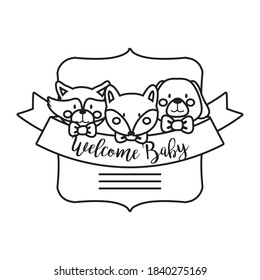baby shower frame card with animals and welcome baby lettering line style vector illustration design