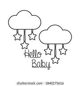 baby shower frame card with clouds and hello baby lettering line style vector illustration design