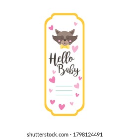 baby shower frame card with raccoon and hello baby lettering hand draw style vector illustration design