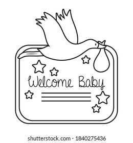 baby shower frame card with stork and welcome baby lettering line style vector illustration design