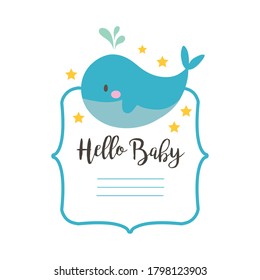 baby shower frame card with whale and hello baby lettering hand draw style vector illustration design