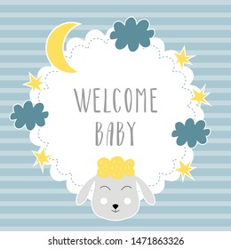 Baby shower frame with cute animal, moon, clouds, stars. Vector isolated illustration. Blue, yellow, white design.