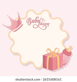 Baby shower frame decorated with cute pink flat illustrations and baby girl elements perfect for invitations or announcements