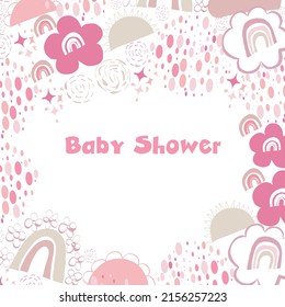 Baby shower frame design abstract rainbow, cloud, sun and shining dots greeting card. Abstract pink flower baby girl illustration